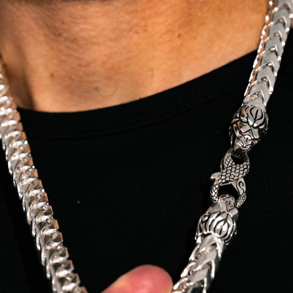 10mm Silver Franco Chain, Lion & Snake Clasp - Image 2