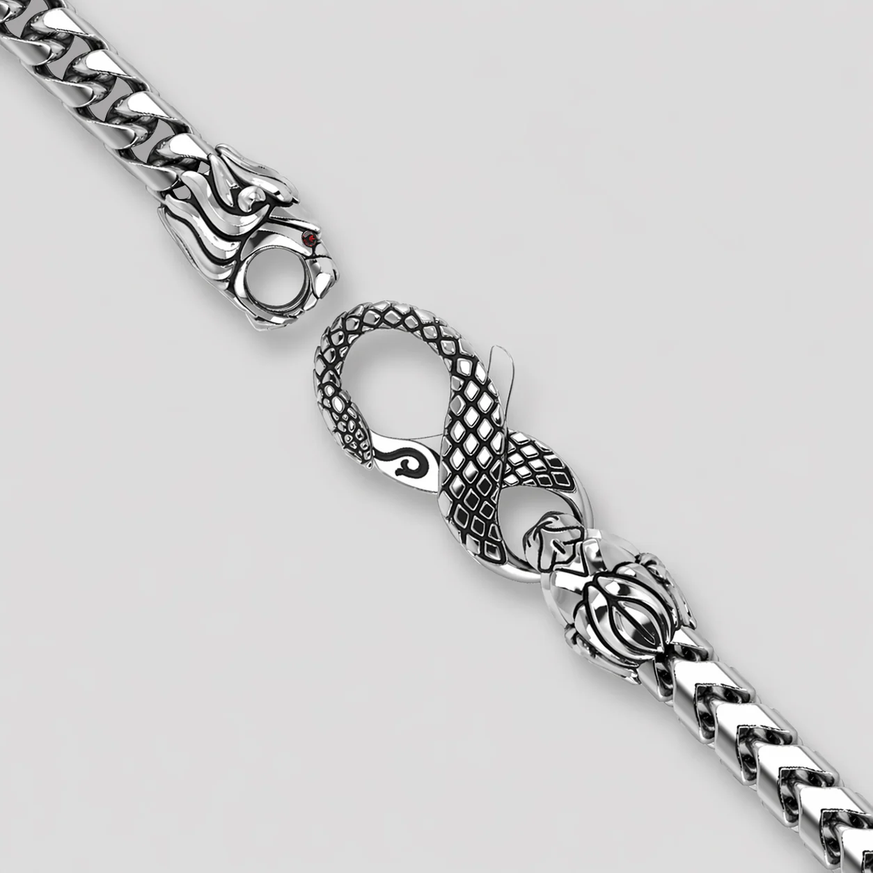 10mm Silver Franco Chain, Lion & Snake Clasp - Image 3
