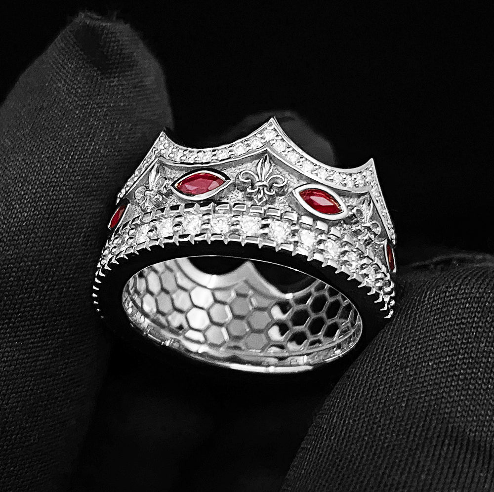 Majesty, Platinum Crown Ring with Diamonds and Rubies - Image 3