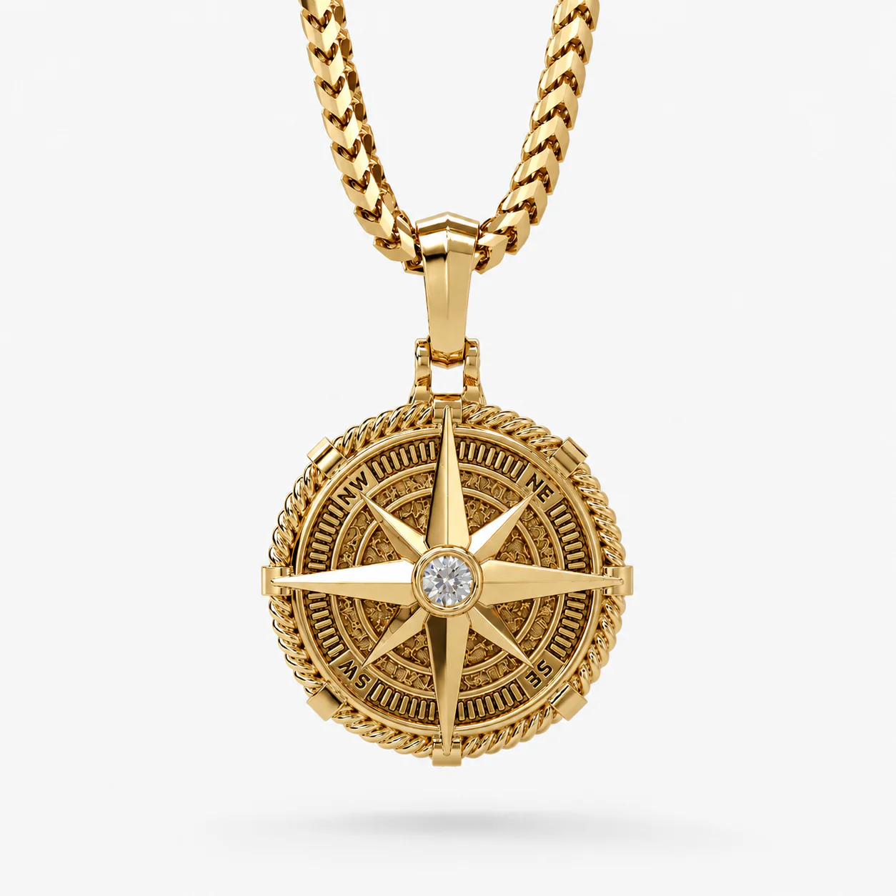 Voyager, Gold Compass Pendant with Single Diamond