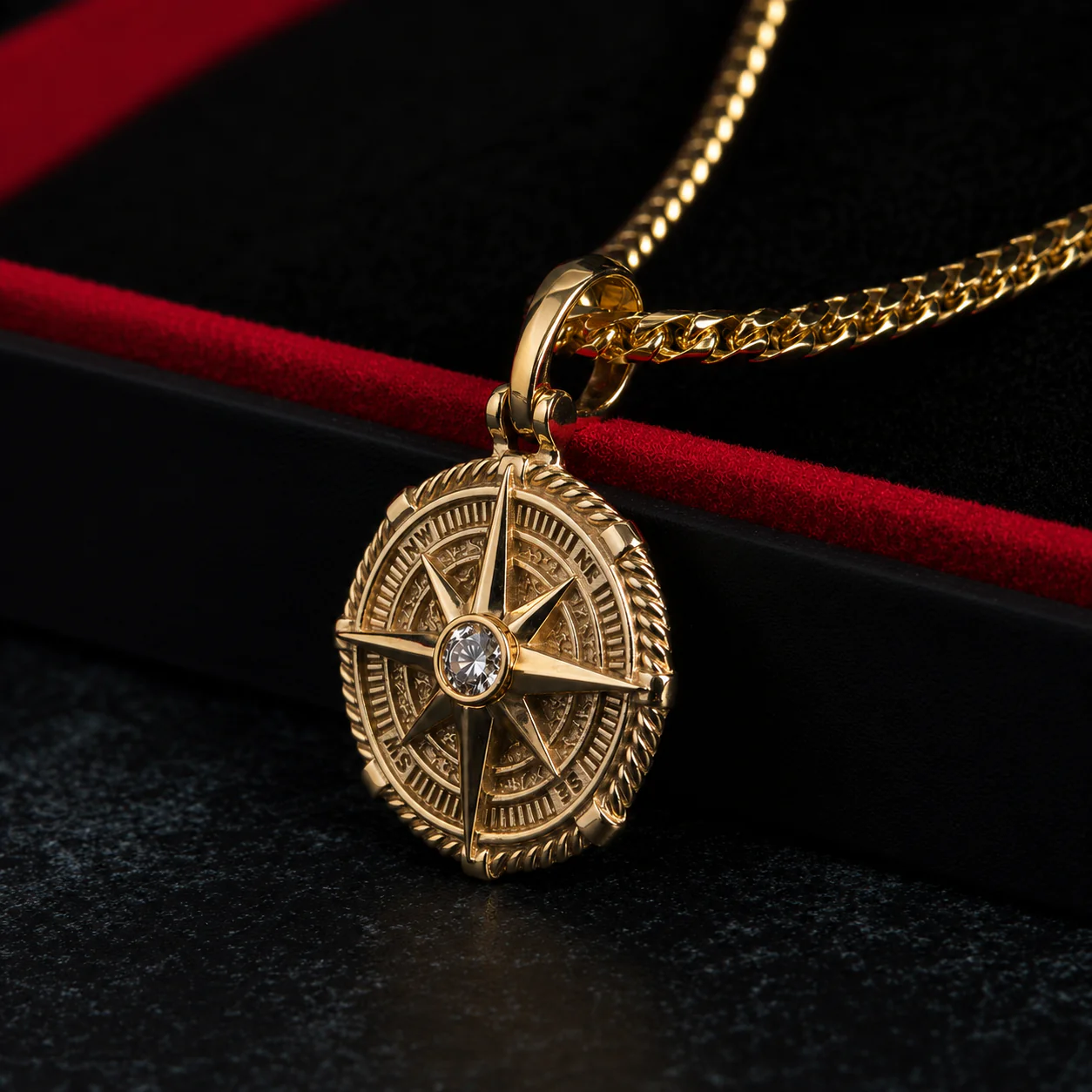 Voyager, Gold Compass Pendant with Single Diamond - Image 2